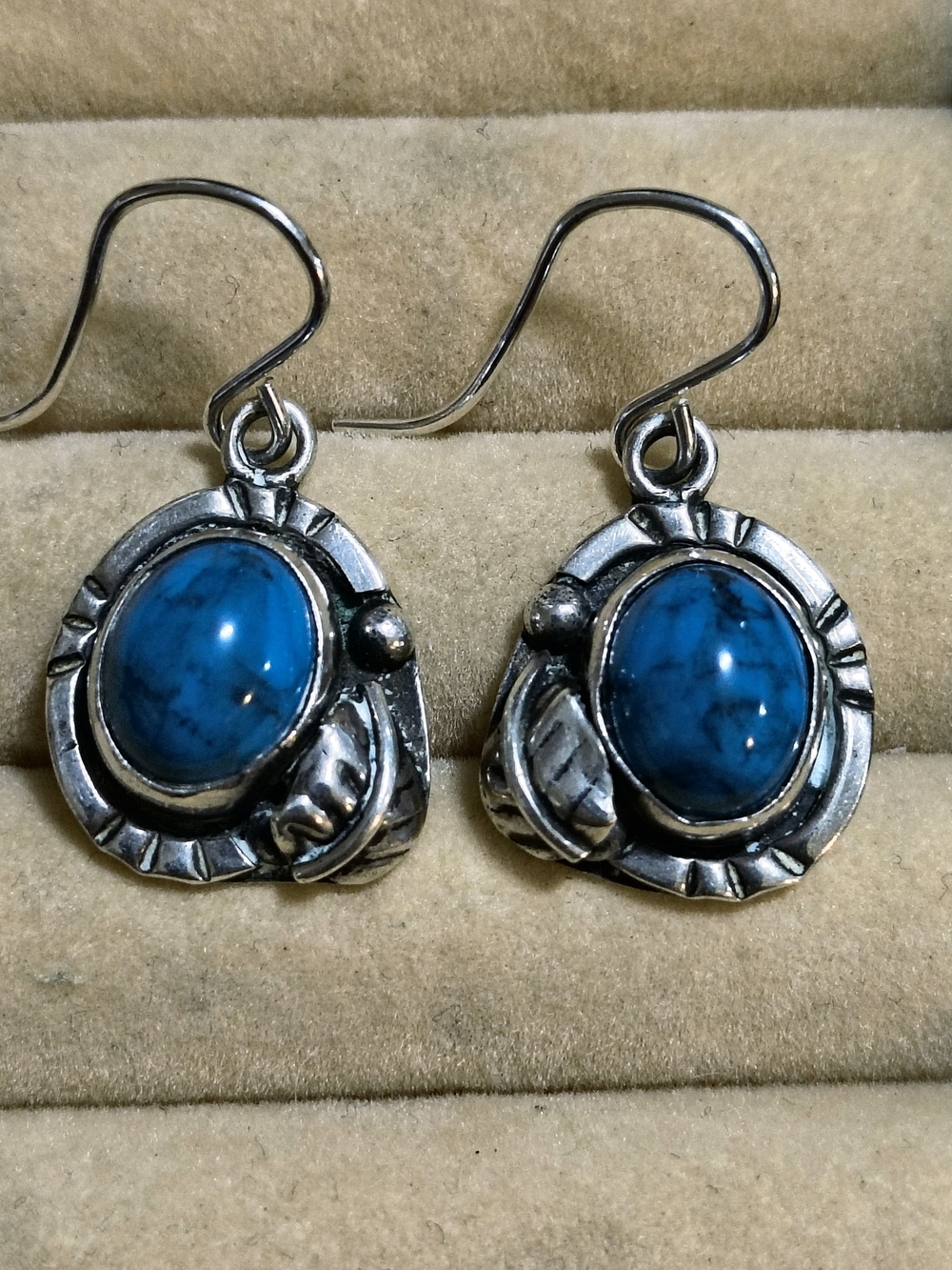 Antique Sterling & Turquoise Mexico 925 Sterling Drop Earrings Very Detailed